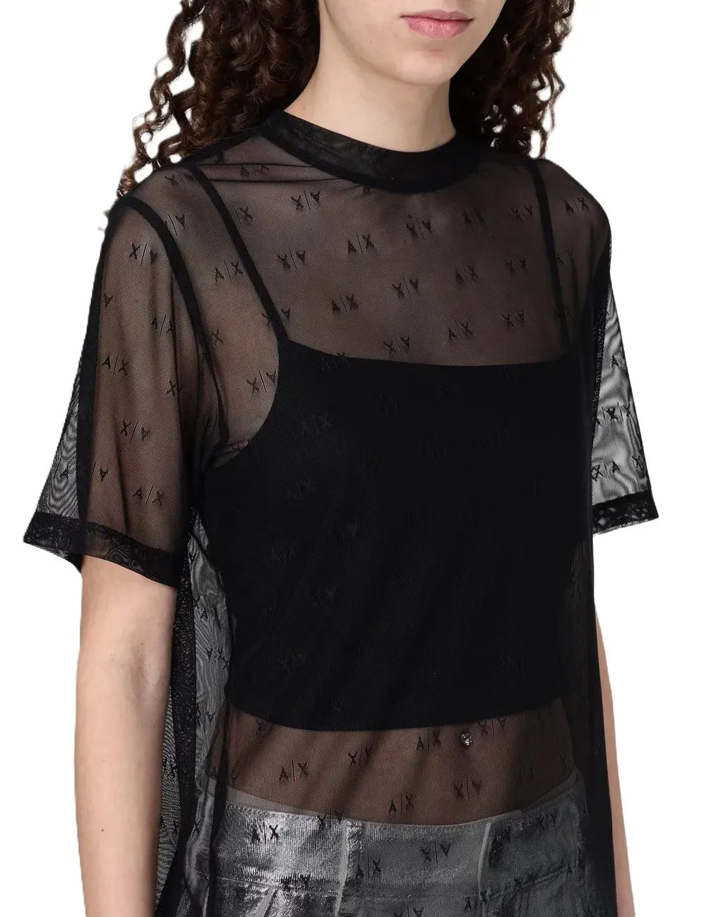 T-shirt donna combinata in tulle e logo all over XW000533AF13192 A|X Armani Exchange