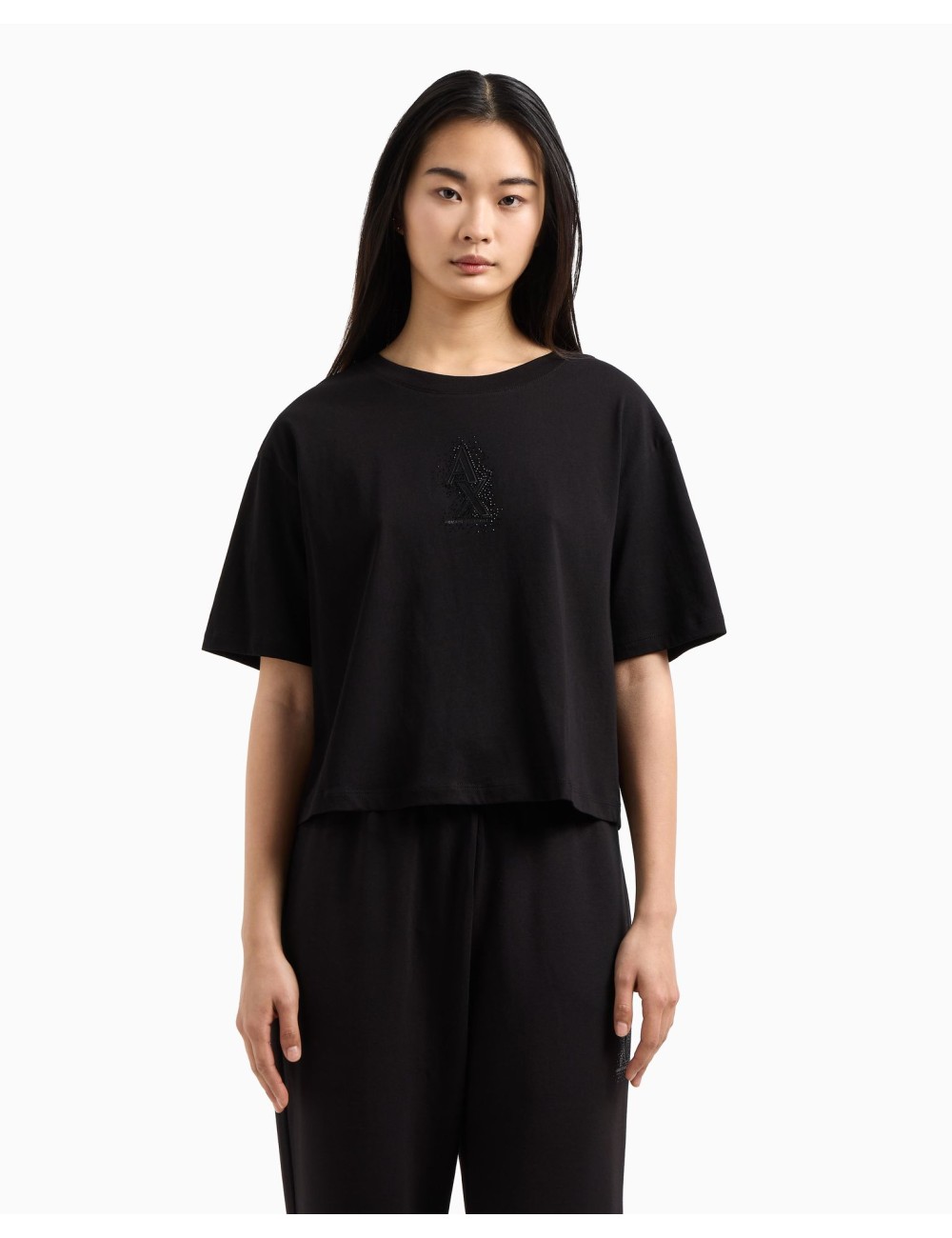 T-shirt donna cropped in cotone con logo di strass XW000102AF10359 A|X Armani Exchange