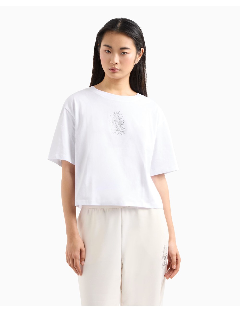 T-shirt donna cropped in cotone con logo di strass XW000102AF10359 A|X Armani Exchange