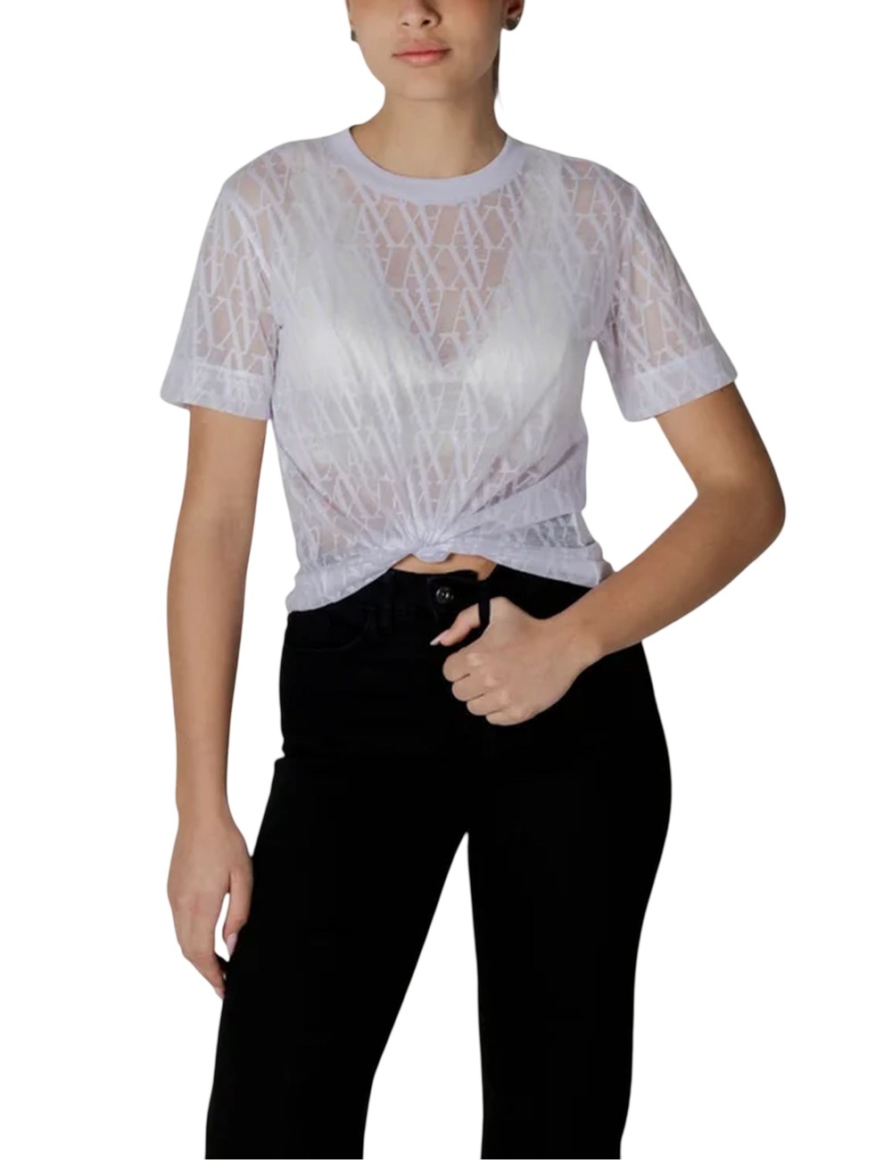 T-shirt donna maniche corte dettaglio trasparenze e logo all over XW000513AF10835 A|X Armani Exchange