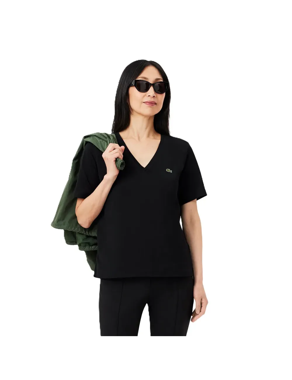 T-shirt donna in jersey di cotone scollo a V relaxed fit TF7300 Lacoste