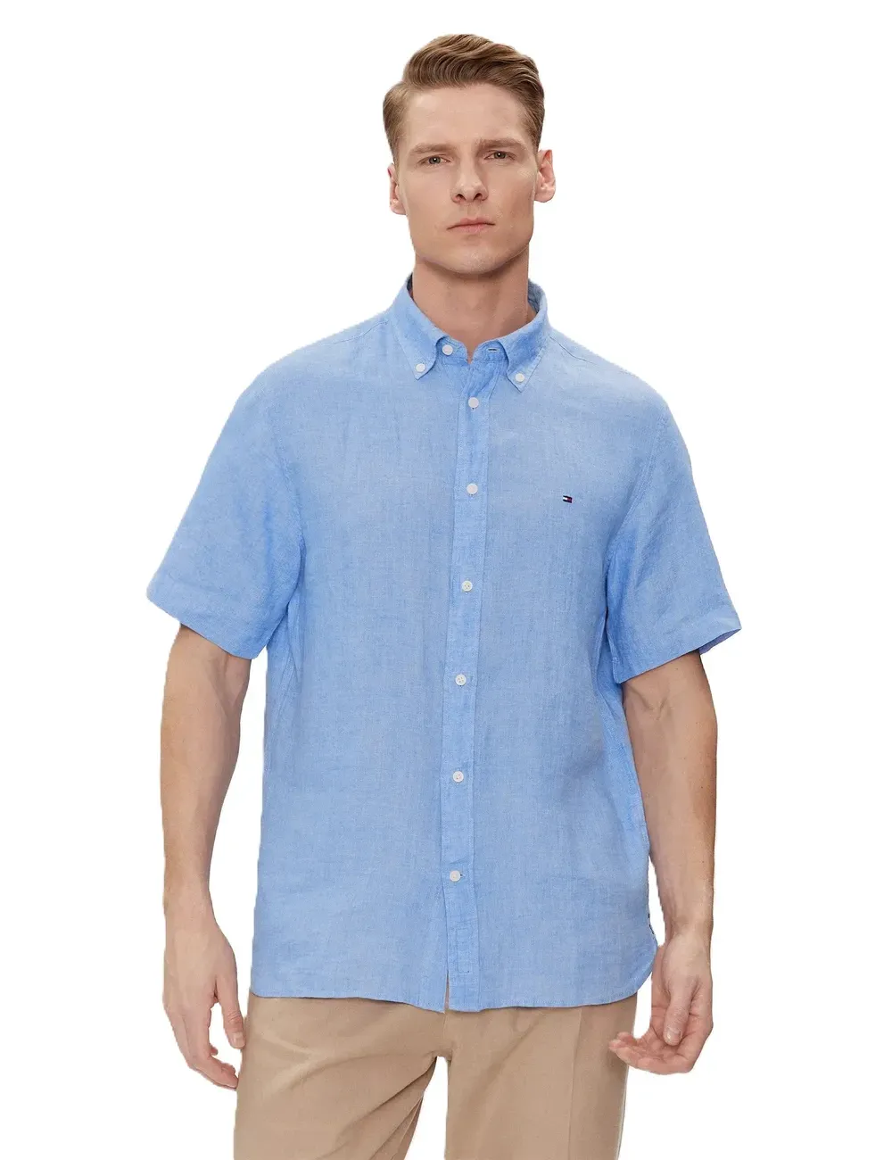 Camicia uomo maniche corte in lino regular fit con logo MW0MW35207 Tommy Hilfiger
